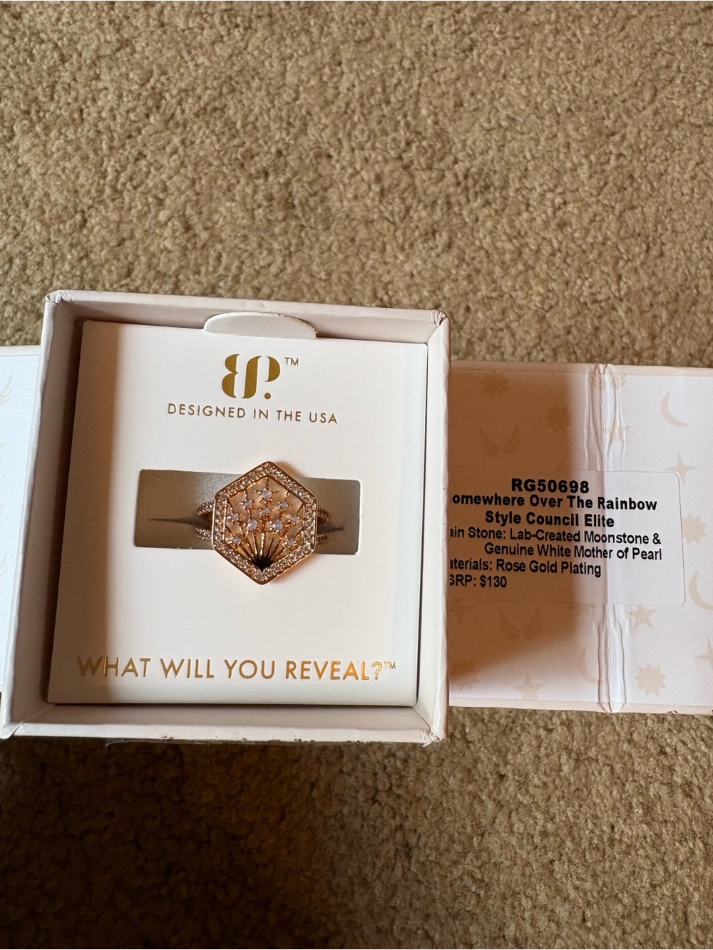 Halo rings Rose Gold Hexagon Mother of Pearl Ring - White